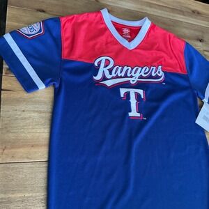 Texas Rangers Baseball Jersey Youth M Medium Red Blue T Logo Short Sleeve